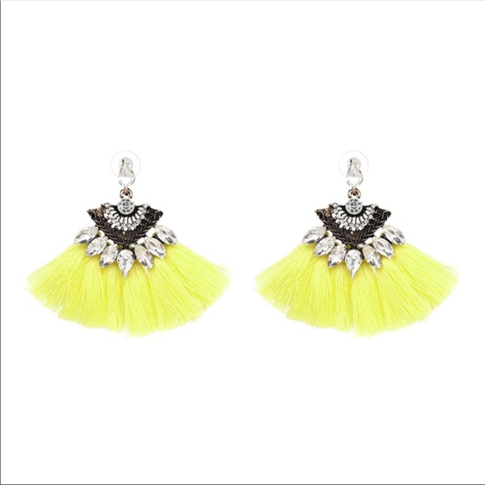 Jeweled, Yellow Tassel, Antique Gold Earrings